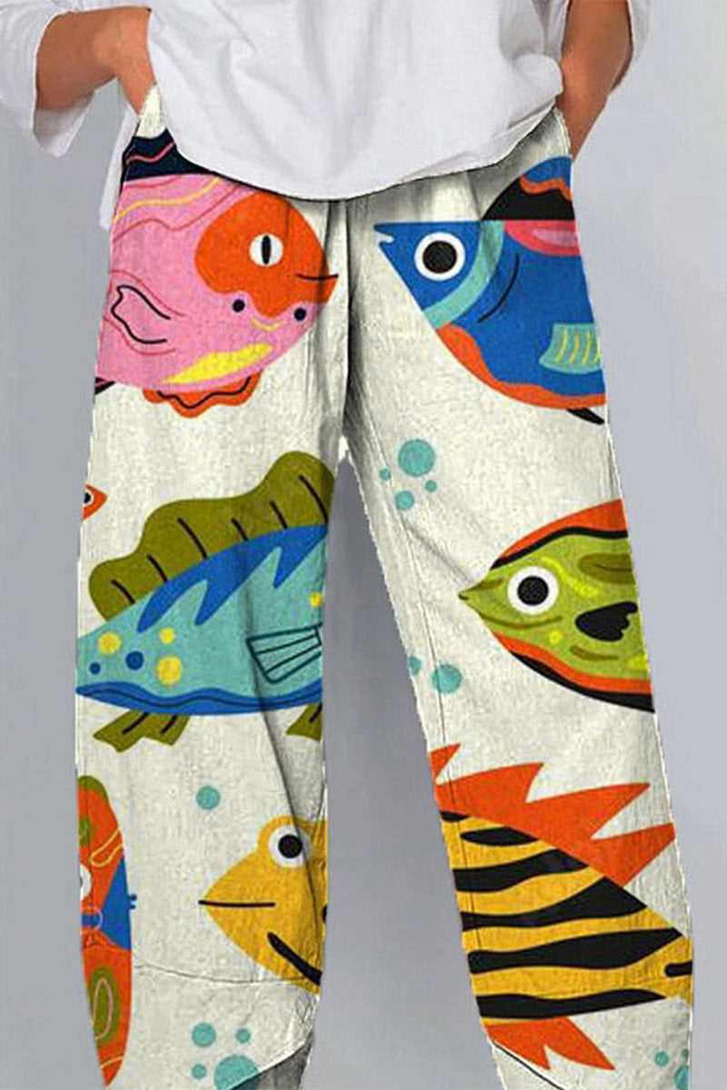 Artistic Sardine Pattern Breathable Cropped Pants