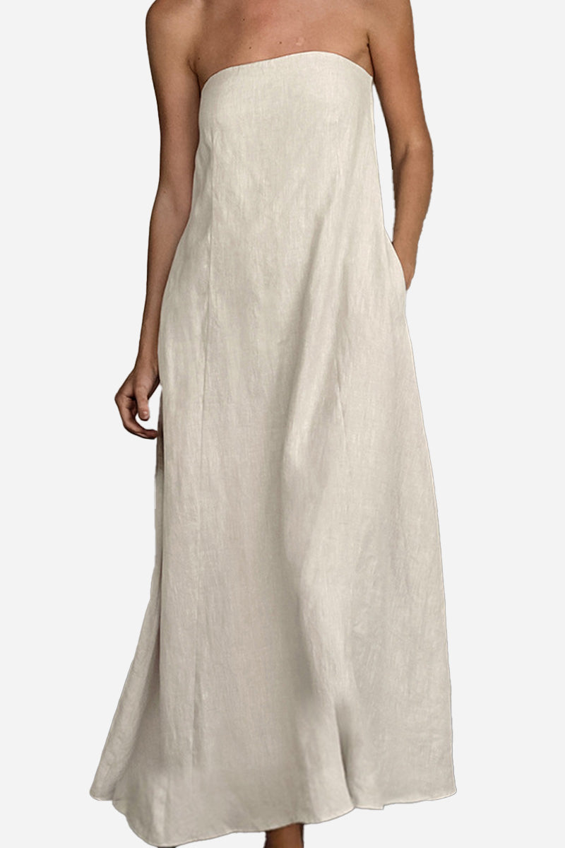 Cotton-Linen Blend Strapless Long Dress