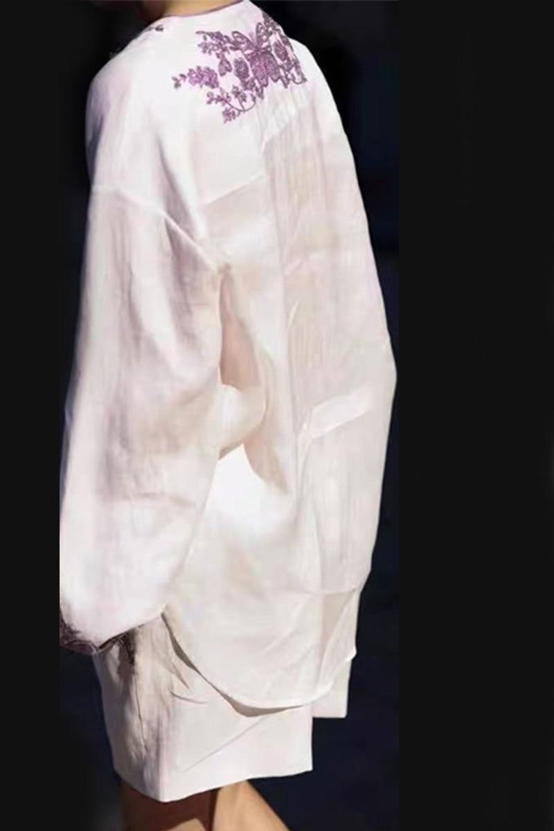 100% Linen Flower Embroidery Two-Piece Set