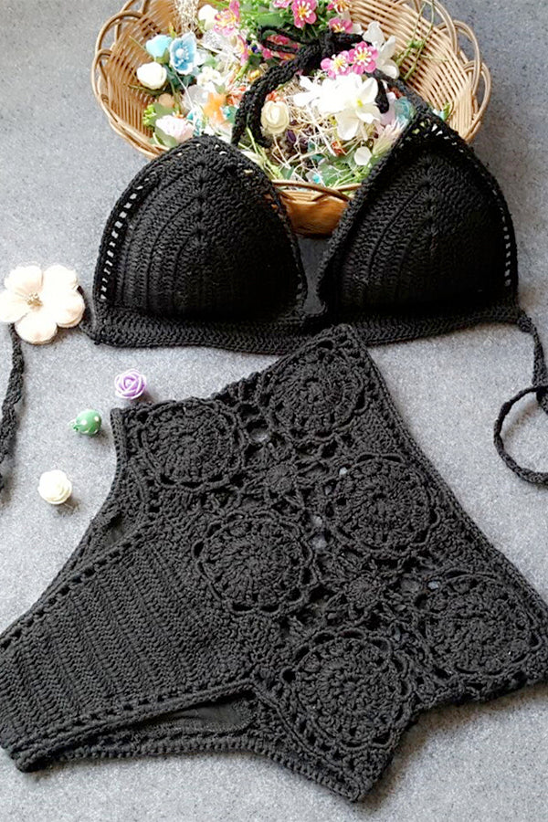High-Waisted Swimsuit Solid Color Crochet Bikini