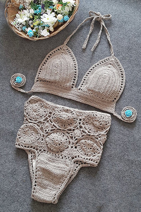 High-Waisted Swimsuit Solid Color Crochet Bikini