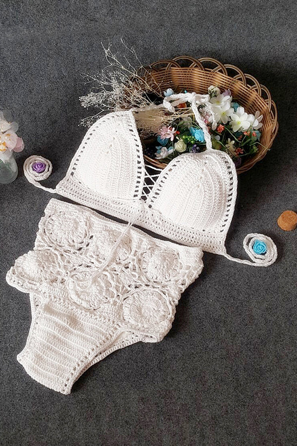 High-Waisted Swimsuit Solid Color Crochet Bikini