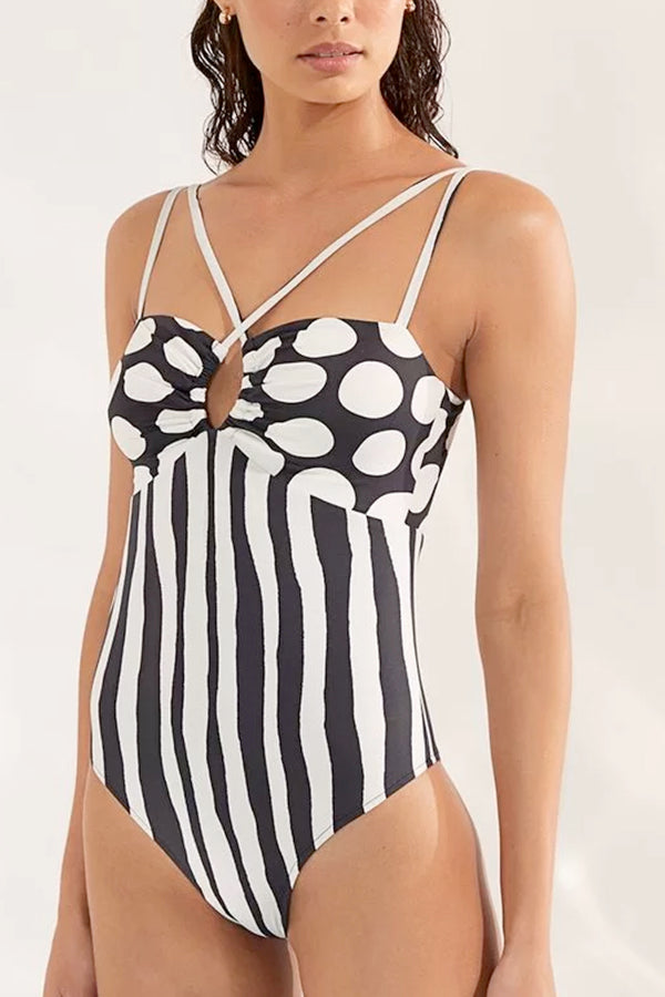 Swimsuit With Poa Print and Black Stripes