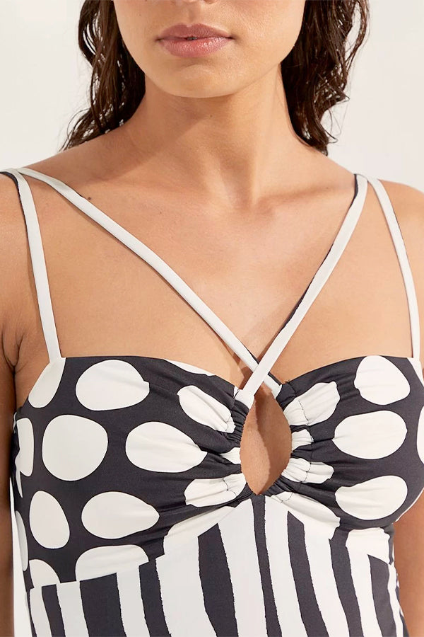 Swimsuit With Poa Print and Black Stripes