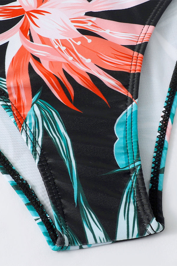 Striped Leafy One Piece Swimsuit