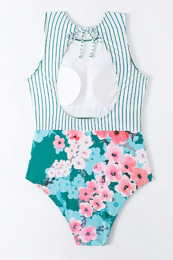 Striped Leafy One Piece Swimsuit