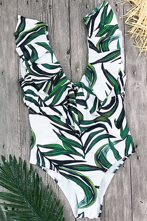 One-Piece V-Neck Ruffled Swimsuit